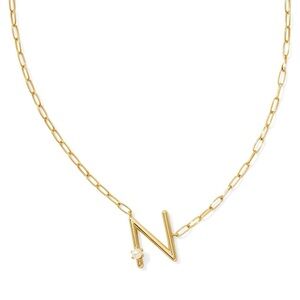 NWT Kendra Scott Gold Letter Initial 'N' Necklace, Gold Tone & Pearl